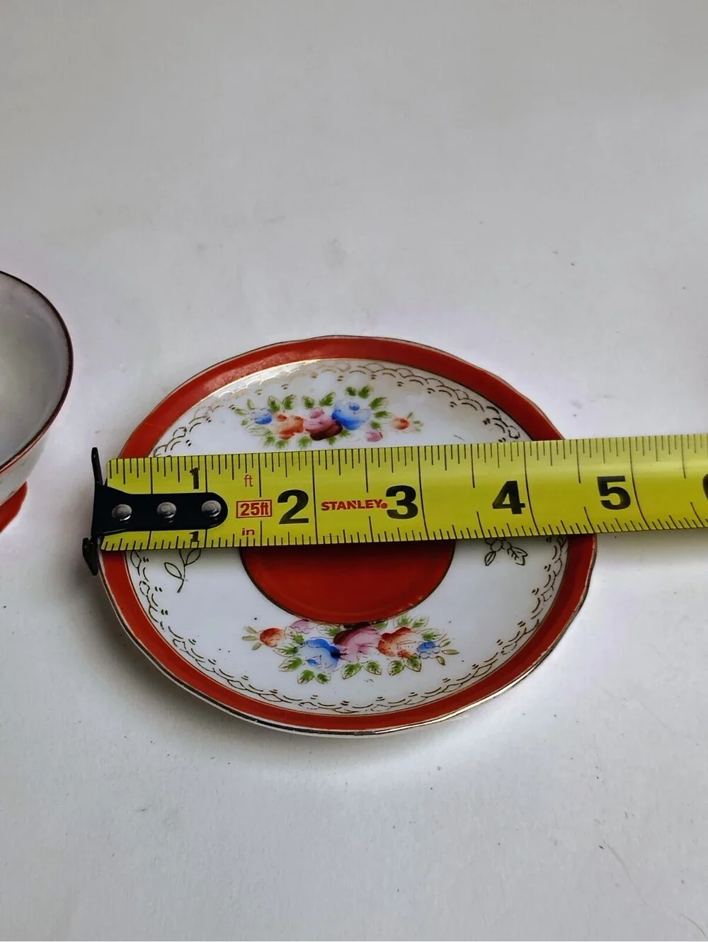 Vintage Made in Occupied Japan Teacup Saucer Set Floral Red Band Gold Trim Gilt